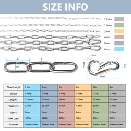 EXLECO 1.5 m Stainless Steel Chain Diameter 5 mm Steel Chain Link Chain Barrier Chain Decorative Chain with 2 Carabiner Hooks Metal Chain for Hanging Dog Chain Anchor Chain Round Link Chain Long Link