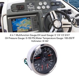 110mm Gauge, 4 in 1 Multifunction Gauge, Fuel Level/Oil PSI (0-150 PSI) / Water Temp (100-250°F) / Voltmeter (8-16V DC), 4 3/8inch Electric Meter for Car Marine Boat (Black