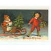 CHRISTMAS GREETING LITTLE BOY & GIRL PULLING SLED /REPRO. POSTCARD(X-199
