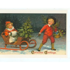 CHRISTMAS GREETING LITTLE BOY & GIRL PULLING SLED /REPRO. POSTCARD(X-199