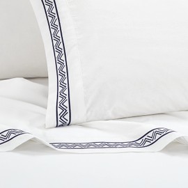 Chic Home Arden 4 Piece Organic Cotton Sheet Set Solid White with Dual Stripe Embroidery Zig-Zag Details – Includes 1 Flat, 1 Fitted Sheet, and 2 Pillowcases, King, Navy