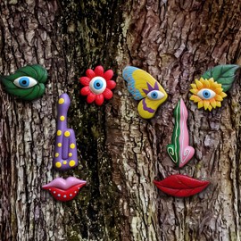 Midogaigai Tree Faces Decor Outdoor,Funny Tree Faces Sculpture,Colorful Fence Decorations Outdoor,Suitable for Yard and Garden Art Decor,Ideal (Colorful Leaves&Colorful Butterfly)