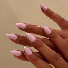 Uñas postizas cortas color almendra, rosa bebé, stiletto corto, uñas acrílicas puntiagudas con cobertura total y brillo, con pegamento, reutilizables,