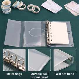 Clear A7 Tri-fold Binder with Bandage, Loose Leaf 6 Ring Transparent Personal Planner Simple Journal with 45 Blank Inserts, 20 Types Scrapbooking Paper, 10 Rolls Washi Tapes (A7)