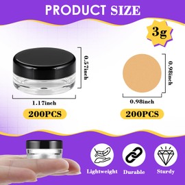 200 pcs 3g Round Clear Sample Containers Plastic Mini Sample Jars with Lids for Creams, Powders, Glitters, 3ml Lip Balm Containers with Spatulas Labels