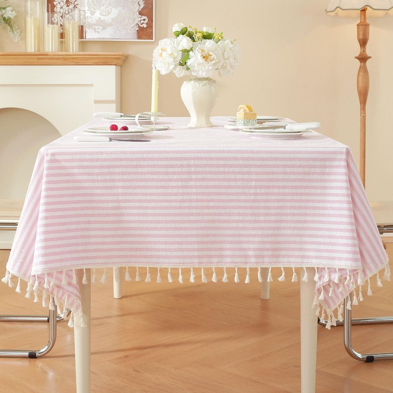 meioro Striped Tassel Table Cloth Square Kitchen Tablecloth, Pink, 90×90cm
