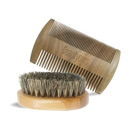 Beard Comb & Beard Brush Kit for Men - Handmade Sandwood Comb and Natural Boar Bristle Beard Brush Set for Beard & Mustache Shaping