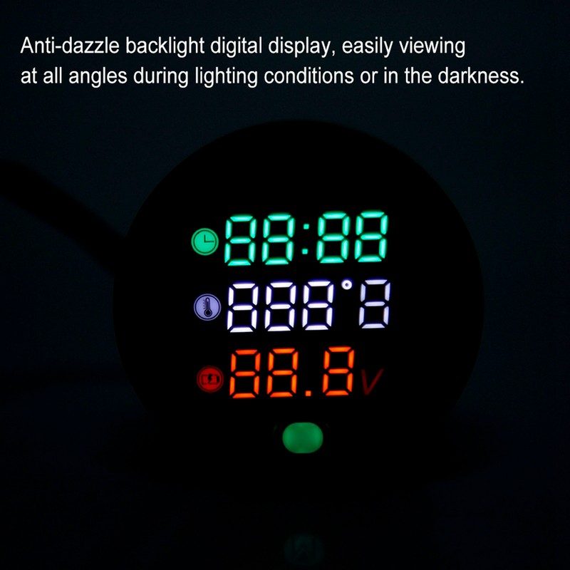 3-in-1 Motorcycle Electronic Digital Thermometer Voltmeter Time Clock Temperature Gauge