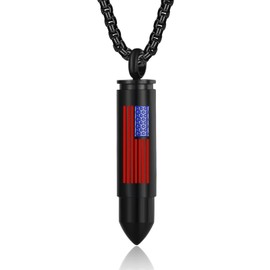 Bullet Urn Necklace for Ashes Stainless Steel Box Chain 24 inch American Flag Pendant Cremation Memorial Jewelry for Men（Black）