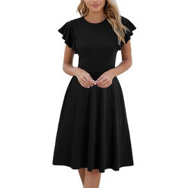 Funeral Dresses for Women 2024 Business Casual Ruffle Short Sleeves Work V-Back Church Fit and Flare Dress with Pockets 842 M Black