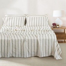 S VICTORY SYMBOL 100% Organic Linen Sheets Set Striped,Yarn Dyed Green Vertical Stripe Bed Sheets King Size,French Natural Flax Bedding Set 4pcs