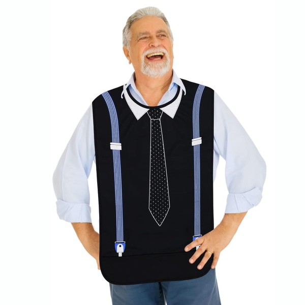 Modaliv Adult Bib for Men - Embroidered Waterproof Clothing Protector with Crumb Catcher - Reusable - Machine Washable (Tie and Suspenders)