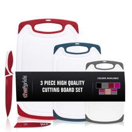 CHEF GRIDS Durable Plastic Cutting Board Set 3 Piece Chopping Board Thick Plastic, for Vegetable Meat or Cheese with Non-Slip Feet and Handles with Juice Groove | Plus Knife, Multi