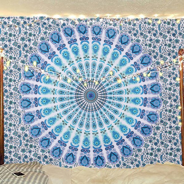 Bless International Indian hippie Bohemian Psychedelic Peacock Mandala Wall hanging Bedding Tapestry (Peacock Sky Blue, Twin (54x72Inches)(140x185cms))