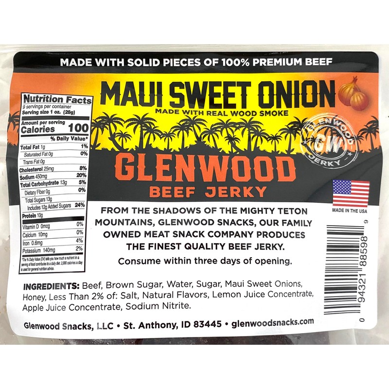 Glenwood Beef Jerky Maui Sweet Onion 9 Ounce Resealable Bag