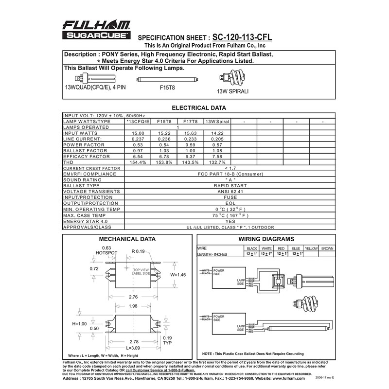 Fulham SC-120-113-CFL Pony Sugar Cube Ballast - 120V