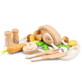 Woet Wooden Roast Chicken Play Food Set – FSC Pretend Play Dinner with Serving Board, Vegetables & Utensils – Educational Kitchen Toy for Toddlers 24 Months+ – Gift for Boys and Girls