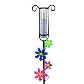Exhart Rain Gauge Garden Stake – Glass & Metal Rain Gauge Outdoor Decorative – Hand Pained, Colorful Daisy Flowers Garden Rain Gauge – Weather-Resistant Rain Measure Gauge, 6.5” L x 2.5” W x 44” H