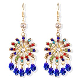 Vintage Ethnic Style Colorful Crystal Flower Lightweight Dangle Drop Earrings Bohemian Petals Tassels Teardrop Floral Earrings for Women (Blue)
