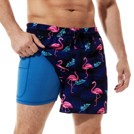 BRISIRA Mens Swim Trunks Bathing Suit 5 Inch Inseam Compression Liner Beach Swim Shorts Swimwear Quick Dry Zipper Pocket Flamingo