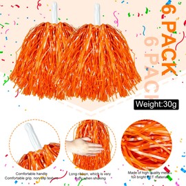 6 Pcs Orange Pom Poms Cheerleading Metallic Foil Orange Cheerleading Pom Poms with Plastic Handles Orange Pom Poms for Cheering in Sports Meet Competition Fields and Other Festive Occasions, 30 Grams