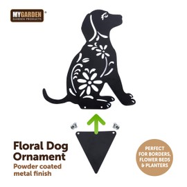 My Garden Floral Dog Ornament - Weather Resistant Powder Coated Metal, Simply Pushable into The Soil, Perfect for Flower Beds, Size 36.5 x 31.5 cm, and Metal Finishing Reliable and Strong