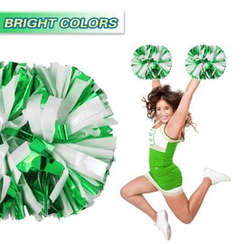 Lovecheer 2PCS Metllic Green and White Pom Poms Cheerleading with Baton Handle for Sports Basketball Football Party Team Spirit Cheering Gifts
