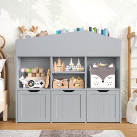 FOTOSOK Toy Storage Organizer with 3 Movable Drawers, Toy Organizers and Storage with Concealed Wheels and 7 Cubbies, Toy Storage Kids Storage Organization, Playroom Furniture, Grey