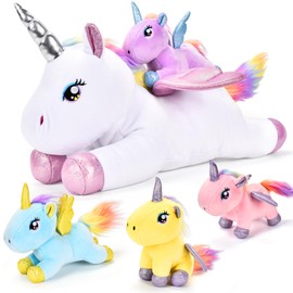 Aragallant Unicorn Soft Toy with Baby, 5 Pieces Unicorn Cuddly Toy, Plush Unicorn Gifts for Girls 3 4 5 6 7 8+ Years, Unicorn Mum with Babies, Unicorn Plush Cushion with Wings for Children