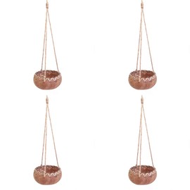 Rainforest Bowls Set of 4 Hanging Fiber Coconut Planters w/Drainage Hole- Perfect for Succulents, Flowers, Small Plants, Indoor & Outdoor Gardens- Handcarved by Artisans, Eco-Friendly & Sustainable