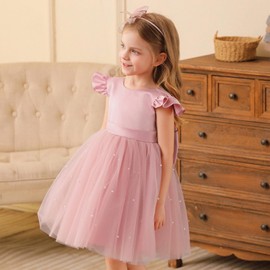 AGQT Toddler Flower Girl Dress V-Back Ruffle Sleeve Dresses Girls Tulle Dress for Wedding First Communion with Bow-Knot Princess Dresses Birthday Party Ball Gown Dark Pink 3-4T