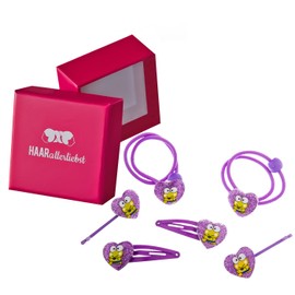 HAARallerliebst 6 Haarspangen Haargummis Haarklammern Set mit glitzernden Herzen mit Fröschen für Mädchen Kinder in Pinker Box