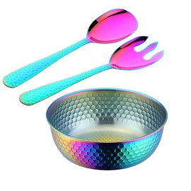 Stainless Steel 80 oz Large Salad Bowl sets with Serving Utensils 12 Inch Salad Spoon and Fork Serving set, Fruit Salad Mixing Bowl Server set of 3, for Hosting Party Kitchen Essentials (Rainbow)
