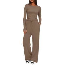 Darong Womens 2 Piece Sets Fall Outfits 2025 Fashion Two Piece Lounge Matching Set T Shirts Long Pants Tracksuit 9065A Khaki S