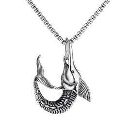 Swordfish Necklace for Men, Hip Hop Fish Marlin Necklace, Norse Viking Fishbone Pendant Necklace with 23.6"Chain, Stainless Steel Punk Rock Fish Pendant, Vintage Animal Fish Necklace Jewelry
