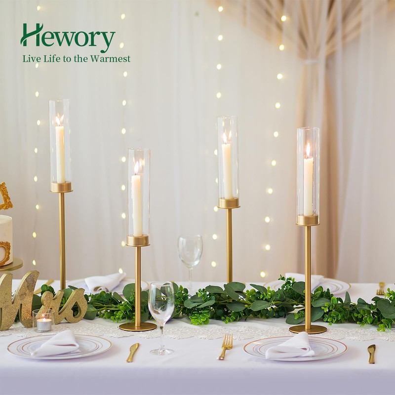 Hewory Gold Tall Hurricane Candlestick Holders: 6Pcs Brass Taper Candle