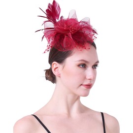 Handy Lidy Fascinators Hats Flower Hair Clip Feathers Tea Party Wedding Derby Cocktail Mesh Pillbox Headwear for Women-Wine Red-01