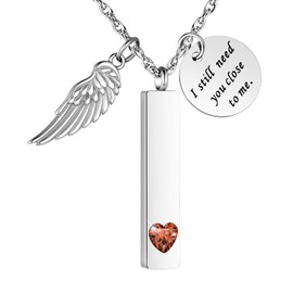 XIUDA Cremation Jewelry for Ashes with Angel Wing Charm Vertical Bar Urn Necklace Stainless Steel Memorial Keepsake Pendant for Women