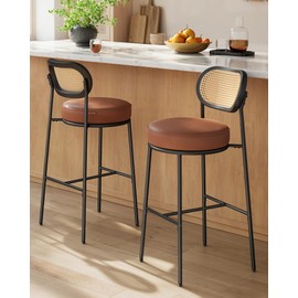 VASAGLE Bar Stools Set of 2, Bar Height Bar Stool with PE Rattan Back, Synthetic Leather Upholstered Stools for Kitchen Island Dining Room, 30.1-Inch Bar Chairs, Caramel Brown ULBC097K01