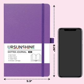 Dotted Journal/Notebook - Dot Grid Hard Cover Notebook, Premium Thick Paper with Fine Inner Pocket, Black Smooth Faux Leather, Pen Loop, 5.3'' x 8.26'' - Lavender