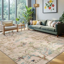 jinchan Botanical Birds 6x9 Beige Area Rugs for Living Room - Washable Non-Slip Soft Nature Plants Modern Kids Carpet,Vintage Ultra-Thin Low Pile Indoor Rug for Bedroom Dining Room Nursery Playroom