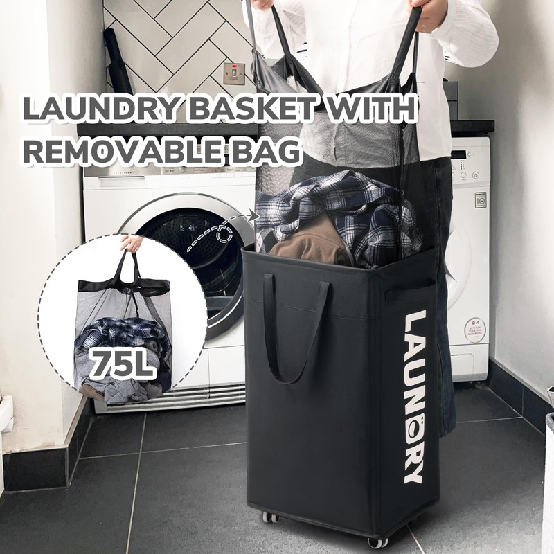 CHICVITA 75L Slim Laundry Hamper with Wheels and Removable Wash