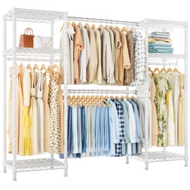 Ulif E7 Heavy Duty Garment Rack, Clothes Organizer and Storage Rack with Expandable Hangers, Metal Clothing Rack with 6 Wire Shelves, (52.3"-72") W x 14.5" D x 71.2" H, Load 838 LBS, White