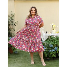 RITERA Plus Size Dress for Curvy Women Short Sleeve Button Up Floral Collared Pink Blue Beach A Line Flowy Casual Summer Tiered Cocktail Wedding Guest Boho Maxi Dresses with Pockets 5XL 28W