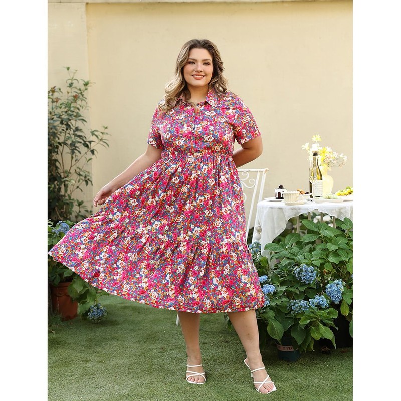 RITERA Plus Size Dress for Curvy Women Short Sleeve Button