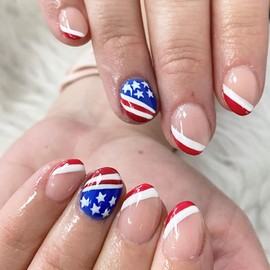 24 pcs 4th of July Press on Nails Short Square French Tip Fake Nails with American Flag Patriotic Design Stick on Nails for Acrylic False Nails,Artificial Glossy Nude Nails for Independence Day