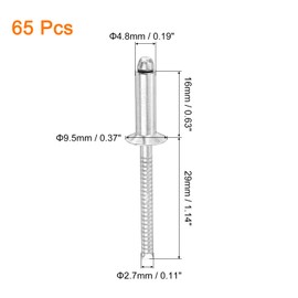 sourcing map 65Pcs 3/16" x 5/8" 304 Stainless Steel Countersunk Blind Rivet, Open-End Type Blind Rivets for DIY, Sheet Metal, Automotive Repairs, Furniture, Boat, and Duct Work (Silver)