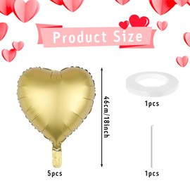 5 Pcs Gold Heart Balloons for Girls Women,Foil Balloons with Ribbons,18 Inch Heart Shaped Balloons Helium,Gold Balloons for Birthday Wedding Anniversary Valentines Baby Shower Party Decorations