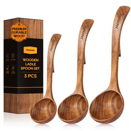 Wooden Ladle for Soup, 3 Size Teak Wood Ladle Spoon with Back Hooks, Heat Resistant Wooden Spoons for Cooking, Non-Stick, Comfortable Grip, Wood Kitchen Utensils Set for Serving, Stirring