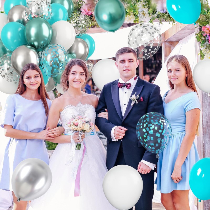 Teal White Balloons Set, 60PCS Teal Blue Silver Birthday Balloons,